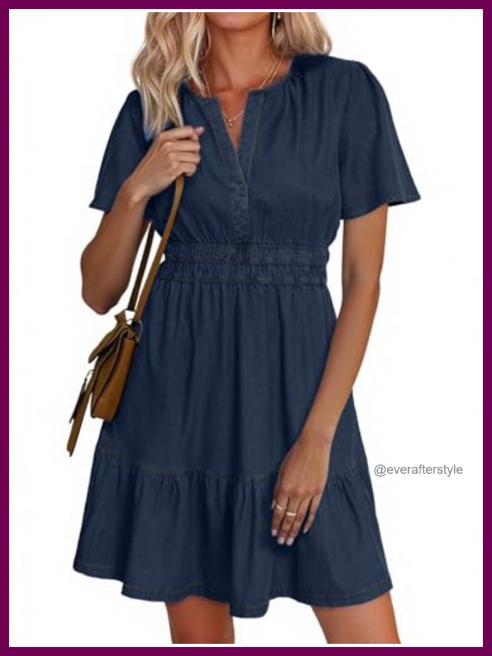 Simplee Women's Summer Tiered Mini Denim Dress Puff Sleeve V-Neck A-Line